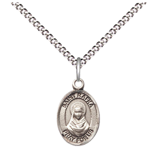 Small Sized Women's Pewter Saint St. Rafka Medal Pendant on 18 Inch Rhodium Plated Lite Curb Brass Chain with Lobster Claw Clasp, Catholic Religious Necklace - Made in USA- Velvet Gift Box