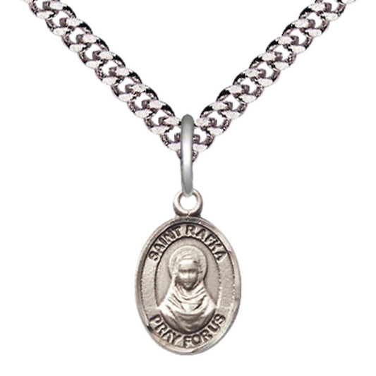 Small Sized Men's .925 Sterling Silver Saint St. Rafka Medal Pendant on 24 Inch Endless Rhodium Plated Heavy Curb Brass Chain, Catholic Religious Necklace - Made in USA- Deluxe Velvet Gift Box