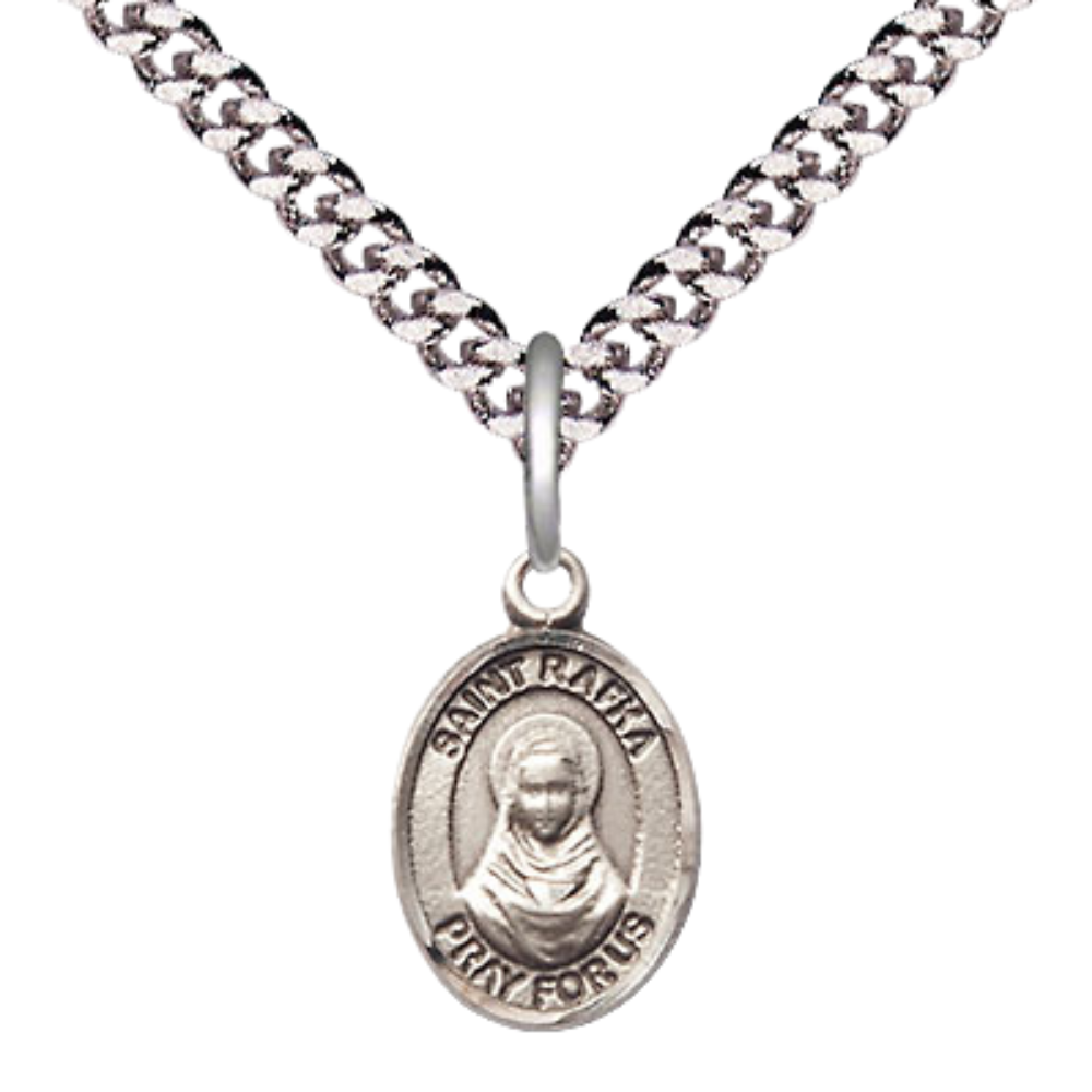 Everlasting Light Jewelry Small Sized Men's Pewter Saint St. Rafka Medal Pendant on 24 Inch Endless Rhodium Plated Heavy Curb Brass Chain, Catholic Religious Necklace - Made in USA- Deluxe Velvet Gift Box