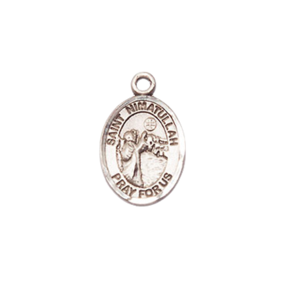 Small Sized Women's Pewter Saint St. Nimatullah Medal Pendant on 18 Inch Rhodium Plated Lite Curb Brass Chain with Lobster Claw Clasp, Catholic Religious Necklace - Made in USA- Velvet Gift Box