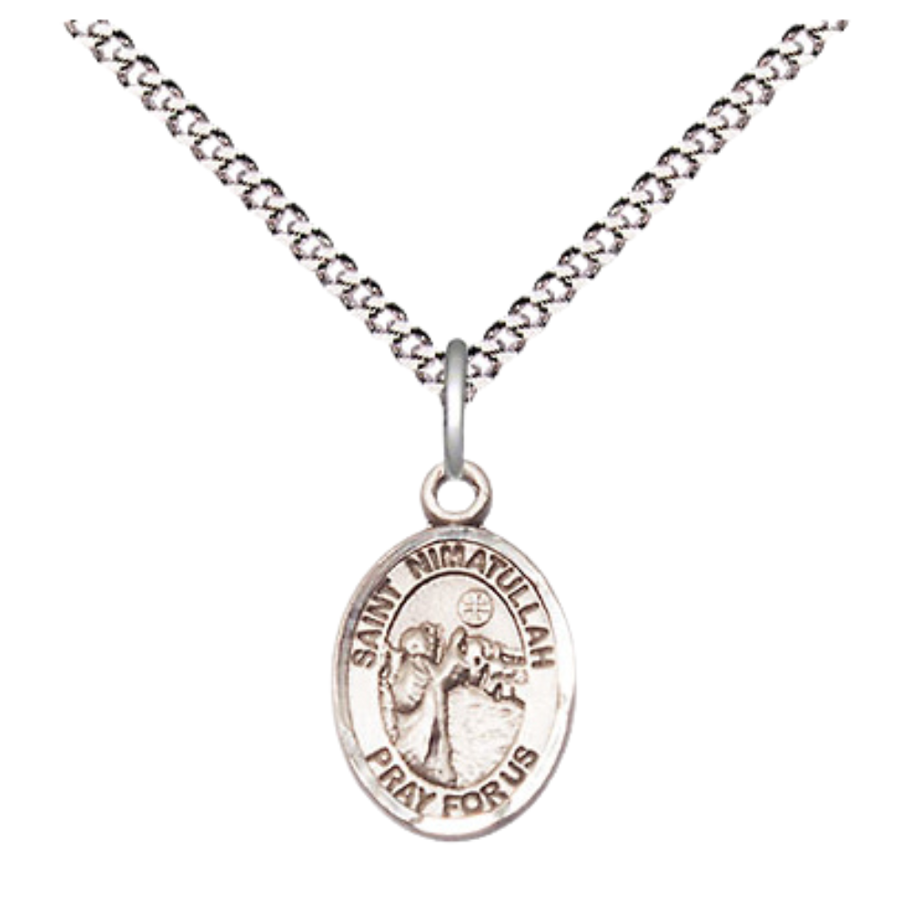 Small Sized Women's Pewter Saint St. Nimatullah Medal Pendant on 18 Inch Rhodium Plated Lite Curb Brass Chain with Lobster Claw Clasp, Catholic Religious Necklace - Made in USA- Velvet Gift Box