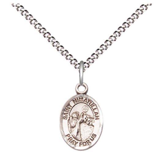 Small Sized Women's Pewter Saint St. Nimatullah Medal Pendant on 18 Inch Rhodium Plated Lite Curb Brass Chain with Lobster Claw Clasp, Catholic Religious Necklace - Made in USA- Velvet Gift Box