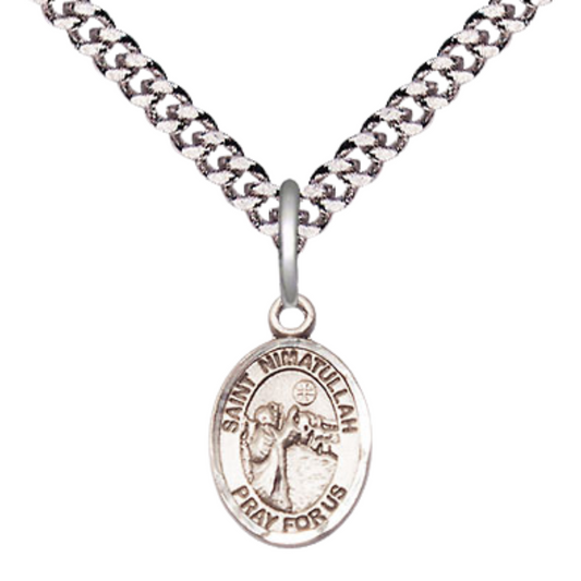 Small Sized Men's Pewter Saint St. Nimatullah Medal Pendant on 24 Inch Endless Rhodium Plated Heavy Curb Brass Chain, Catholic Religious Necklace - Made in USA- Deluxe Velvet Gift Box