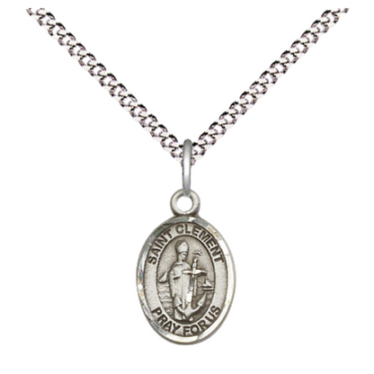 Small Sized Women's Pewter Saint St. Clement Medal Pendant on 18 Inch Rhodium Plated Lite Curb Brass Chain with Lobster Claw Clasp, Catholic Religious Necklace - Made in USA- Velvet Gift Box