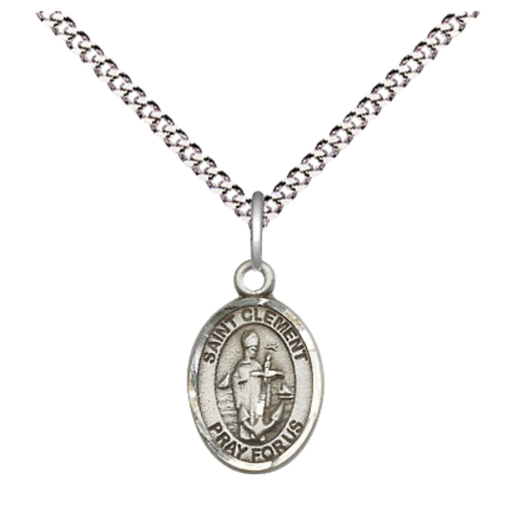 Small Sized Women's .925 Sterling Silver Saint St. Clement Medal Pendant on 18 Inch Rhodium Plated Lite Curb Brass Chain with Lobster Claw Clasp, Catholic Religious Necklace - Made in USA- Velvet Gift Box
