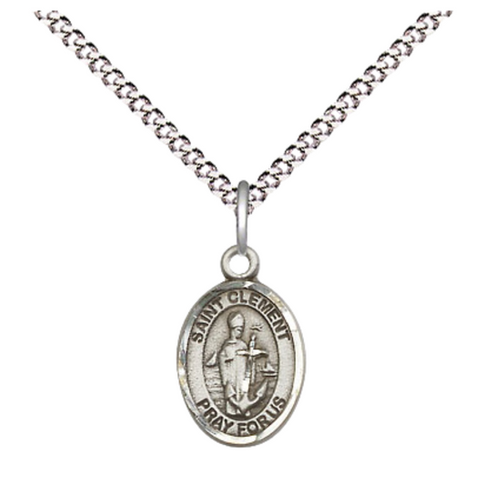 Small Sized Women's .925 Sterling Silver Saint St. Clement Medal Pendant on 18 Inch Rhodium Plated Lite Curb Brass Chain with Lobster Claw Clasp, Catholic Religious Necklace - Made in USA- Velvet Gift Box