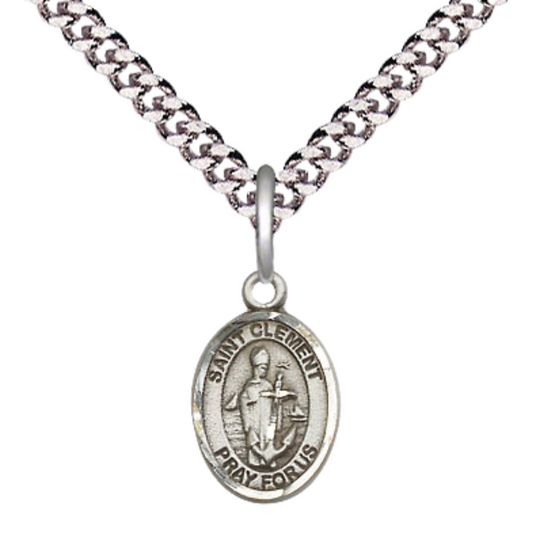 Small Sized Men's Pewter Saint St. Clement Medal Pendant on 24 Inch Endless Rhodium Plated Heavy Curb Brass Chain, Catholic Religious Necklace - Made in USA- Deluxe Velvet Gift Box
