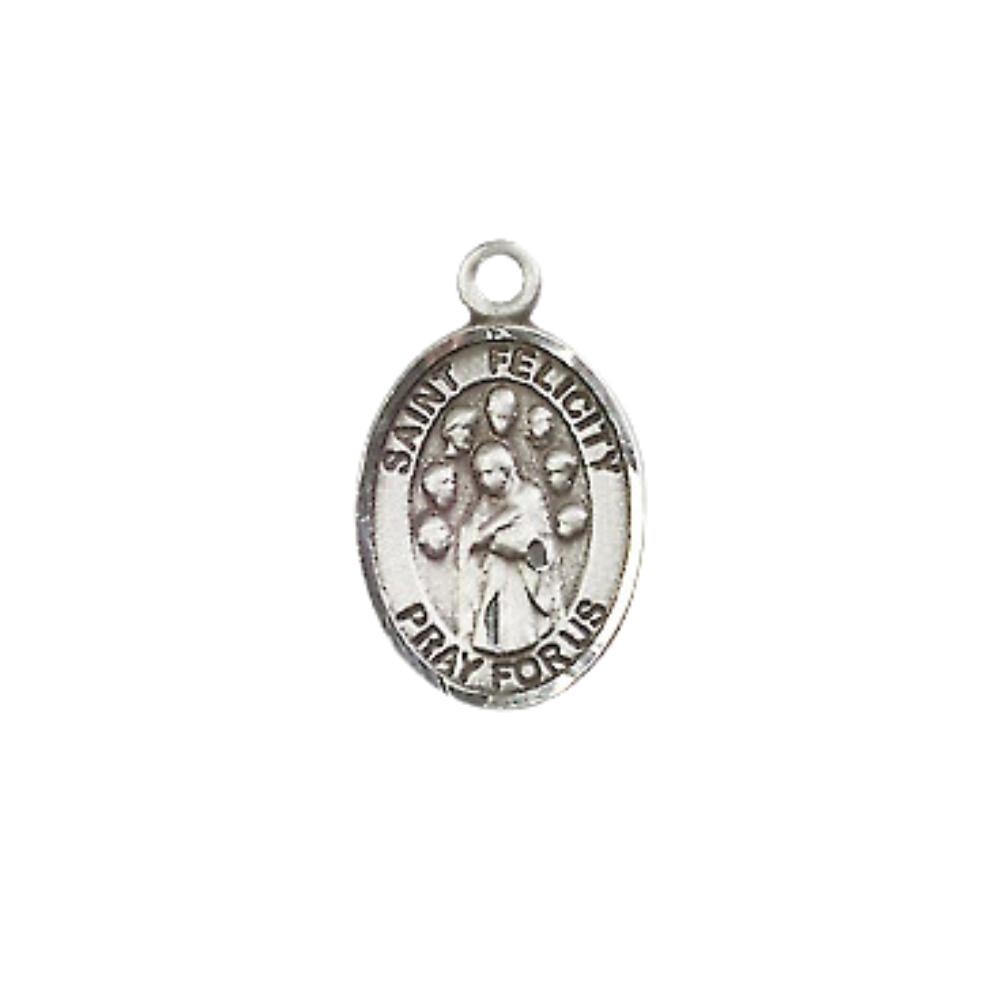 Small Sized Women's Pewter Saint Felicity Medal Pendant on 18 Inch Rhodium Plated Lite Curb Brass Chain with Lobster Claw Clasp, Catholic Religious Necklace - Made in USA- Velvet Gift Box