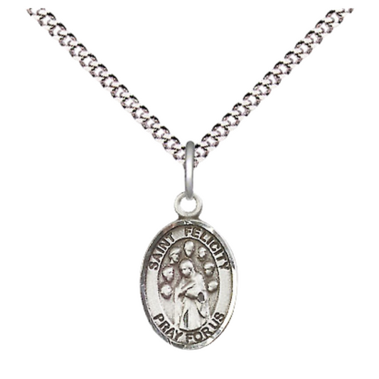 Small Sized Women's Pewter Saint Felicity Medal Pendant on 18 Inch Rhodium Plated Lite Curb Brass Chain with Lobster Claw Clasp, Catholic Religious Necklace - Made in USA- Velvet Gift Box