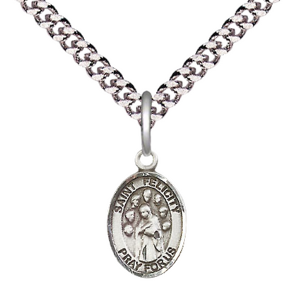 Small Sized Men's Pewter Saint St. Felicity Medal Pendant on 24 Inch Endless Rhodium Plated Heavy Curb Brass Chain, Catholic Religious Necklace - Made in USA- Deluxe Velvet Gift Box