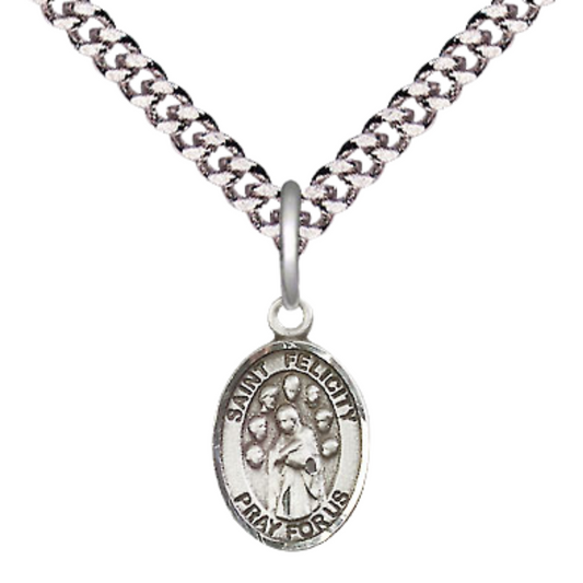 Small Sized Men's Pewter Saint St. Felicity Medal Pendant on 24 Inch Endless Rhodium Plated Heavy Curb Brass Chain, Catholic Religious Necklace - Made in USA- Deluxe Velvet Gift Box