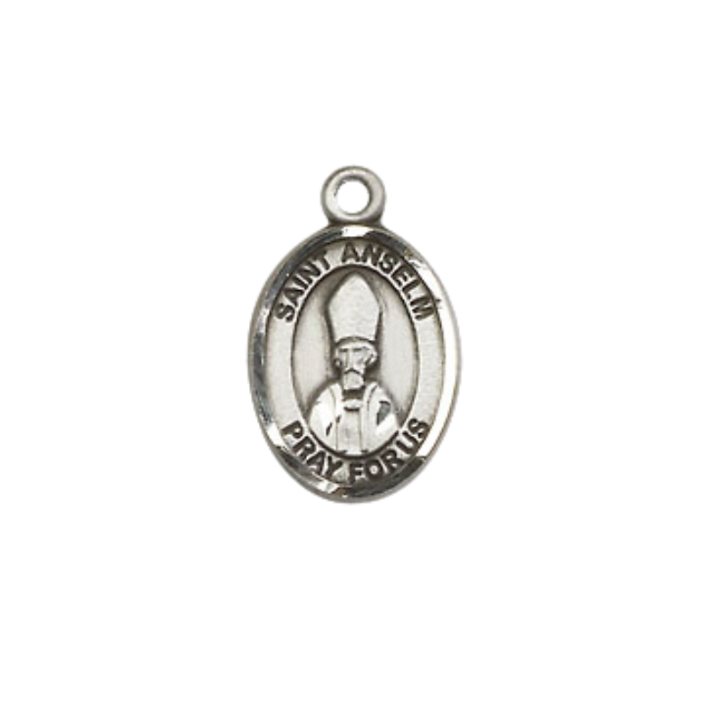 Small Sized Women's Pewter Saint St. Anselm of Canterbury Medal Pendant on 18 Inch Rhodium Plated Lite Curb Brass Chain with Lobster Claw Clasp, Catholic Religious Necklace - Made in USA- Velvet Gift Box