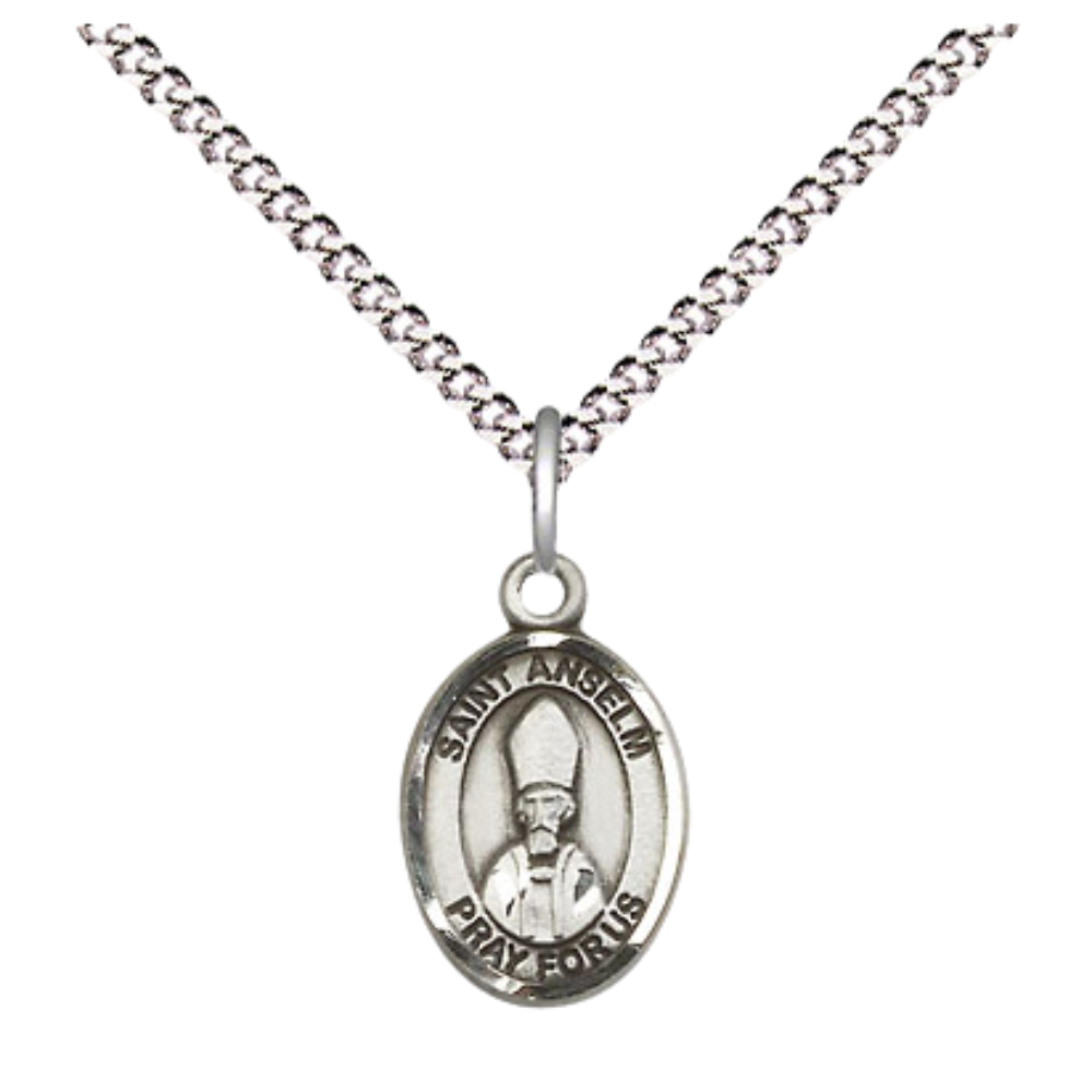 Small Sized Women's Pewter Saint St. Anselm of Canterbury Medal Pendant on 18 Inch Rhodium Plated Lite Curb Brass Chain with Lobster Claw Clasp, Catholic Religious Necklace - Made in USA- Velvet Gift Box