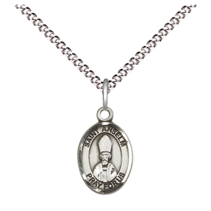 Small Sized Women's Pewter Saint St. Anselm of Canterbury Medal Pendant on 18 Inch Rhodium Plated Lite Curb Brass Chain with Lobster Claw Clasp, Catholic Religious Necklace - Made in USA- Velvet Gift Box