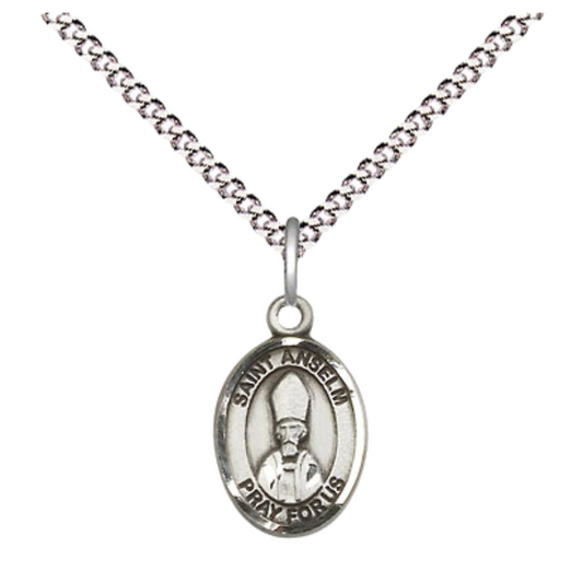 Small Sized Women's Pewter Saint St. Anselm of Canterbury Medal Pendant on 18 Inch Rhodium Plated Lite Curb Brass Chain with Lobster Claw Clasp, Catholic Religious Necklace - Made in USA- Velvet Gift Box