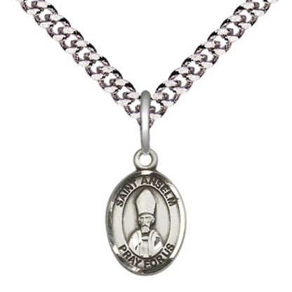 Small Sized Men's Pewter Saint St. Anselm of Canterbury Medal Pendant on 24 Inch Endless Rhodium Plated Heavy Curb Brass Chain, Catholic Religious Necklace - Made in USA- Deluxe Velvet Gift Box