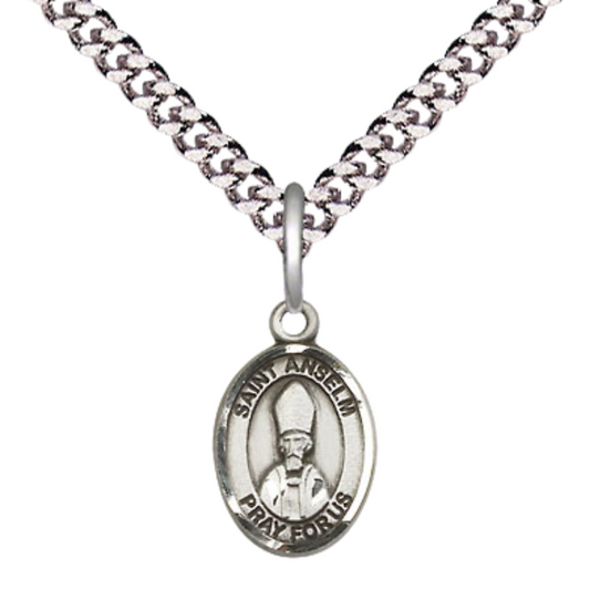Small Sized Men's Pewter Saint St. Anselm of Canterbury Medal Pendant on 24 Inch Endless Rhodium Plated Heavy Curb Brass Chain, Catholic Religious Necklace - Made in USA- Deluxe Velvet Gift Box