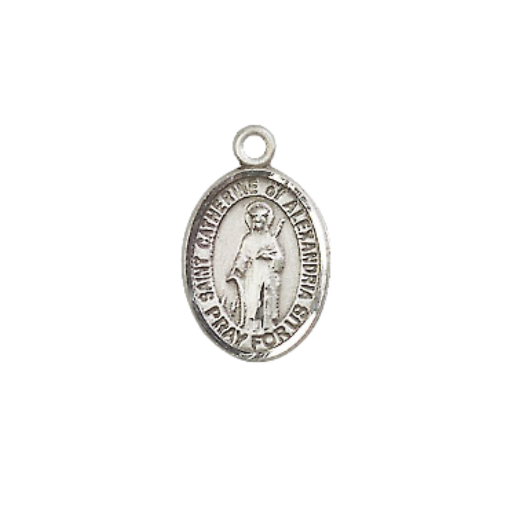 Small Sized Women's Pewter Saint St. Catherine of Alexandria Medal Pendant on 18 Inch Rhodium Plated Lite Curb Brass Chain with Lobster Claw Clasp, Catholic Religious Necklace - Made in USA- Velvet Gift Box