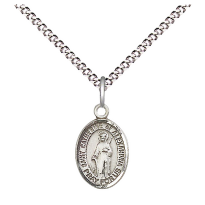 Small Sized Women's Pewter Saint St. Catherine of Alexandria Medal Pendant on 18 Inch Rhodium Plated Lite Curb Brass Chain with Lobster Claw Clasp, Catholic Religious Necklace - Made in USA- Velvet Gift Box