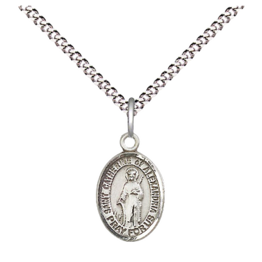 Small Sized Women's Pewter Saint St. Catherine of Alexandria Medal Pendant on 18 Inch Rhodium Plated Lite Curb Brass Chain with Lobster Claw Clasp, Catholic Religious Necklace - Made in USA- Velvet Gift Box