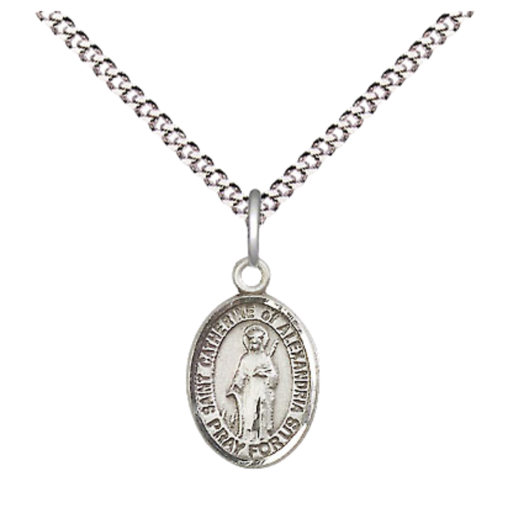 Small Sized Women's .925 Sterling Silver Saint St. Catherine of Alexandria Medal Pendant on 18 Inch Rhodium Plated Lite Curb Brass Chain w/ Lobster Claw Clasp, Catholic Religious Necklace - Made in USA- Velvet Gift Box