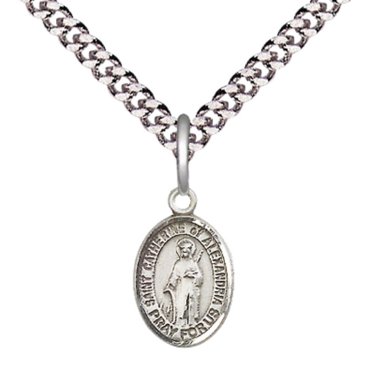 Small Sized Men's Pewter Saint St. Catherine of Alexandria Medal Pendant on 24 Inch Endless Rhodium Plated Heavy Curb Brass Chain, Catholic Religious Necklace - Made in USA- Deluxe Velvet Gift Box
