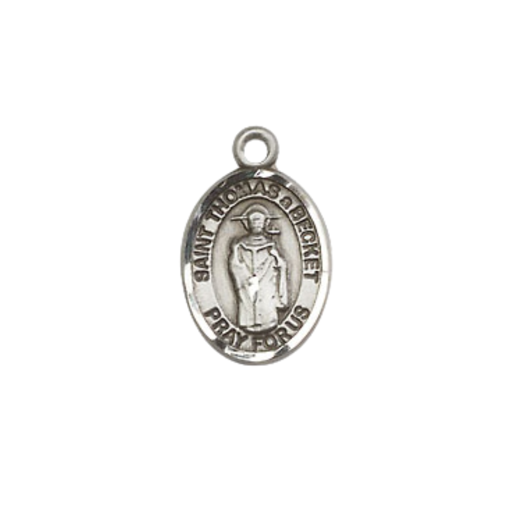Small Sized Women's .925 Sterling Silver Saint Thomas A Becket Medal Pendant on 18 Inch Rhodium Plated Lite Curb Brass Chain with Lobster Claw Clasp, Catholic Religious Necklace - Made in USA- Velvet Gift Box