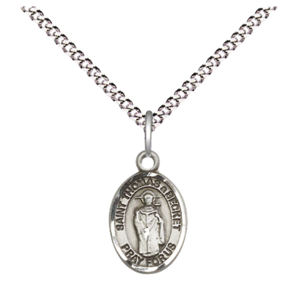 Small Sized Women's Pewter Saint St. Thomas A Becket Medal Pendant on 18 Inch Rhodium Plated Lite Curb Brass Chain with Lobster Claw Clasp, Catholic Religious Necklace - Made in USA- Velvet Gift Box
