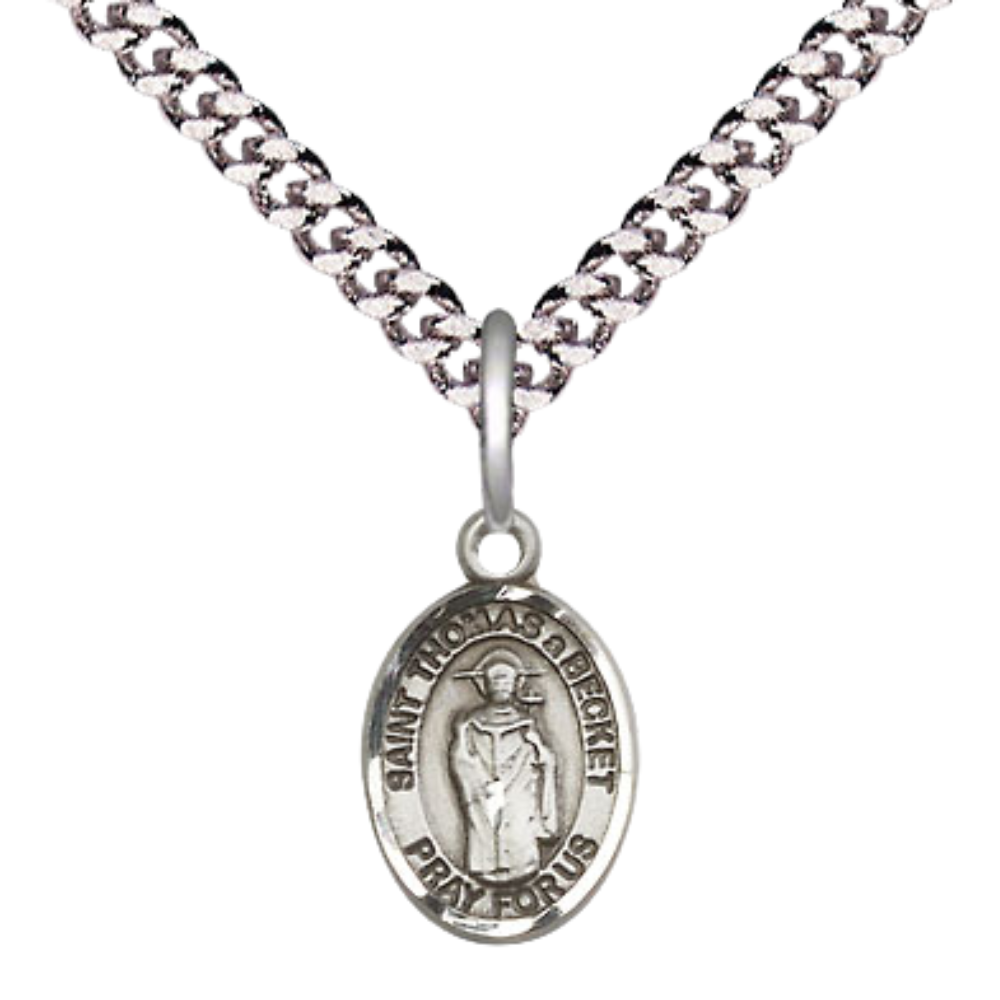 Small Sized Men's .925 Sterling Silver Saint St. Thomas A Becket Medal Pendant on 24 Inch Endless Rhodium Plated Heavy Curb Brass Chain, Catholic Religious Necklace - Made in USA- Deluxe Velvet Gift Box