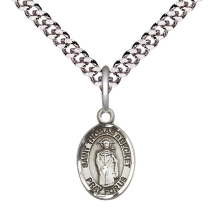 Small Sized Men's Pewter Saint St. Thomas A Becket Medal Pendant on 24 Inch Endless Rhodium Plated Heavy Curb Brass Chain, Catholic Religious Necklace - Made in USA- Deluxe Velvet Gift Box