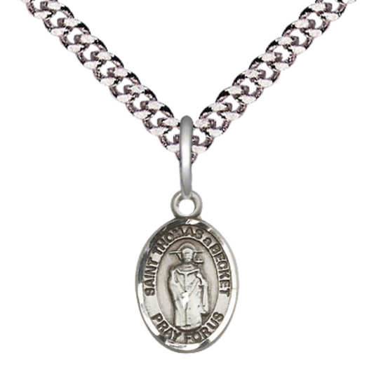 Small Sized Men's Pewter Saint St. Thomas A Becket Medal Pendant on 24 Inch Endless Rhodium Plated Heavy Curb Brass Chain, Catholic Religious Necklace - Made in USA- Deluxe Velvet Gift Box