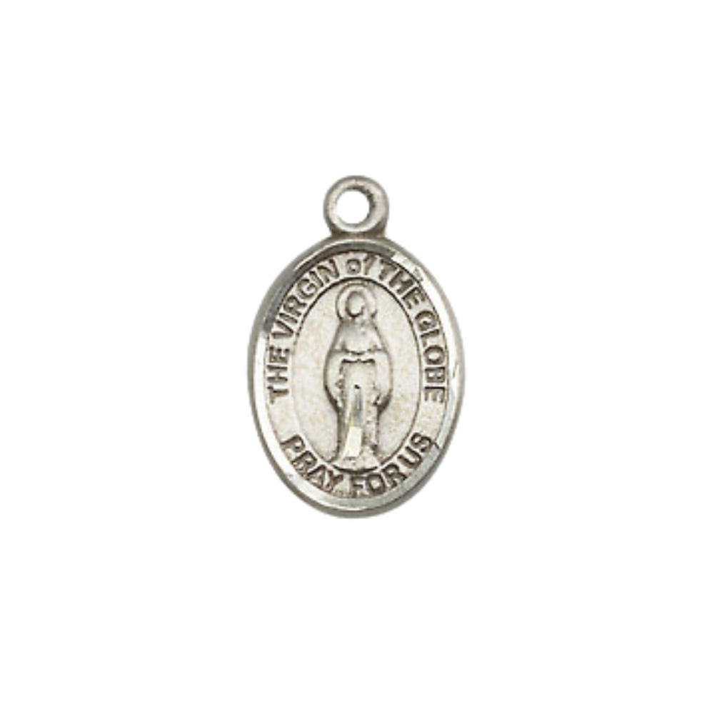 Small Sized Women's Pewter Virgin of the Globe Medal Pendant on 18 Inch Rhodium Plated Lite Curb Brass Chain with Lobster Claw Clasp, Catholic Religious Necklace - Made in USA- Velvet Gift Box