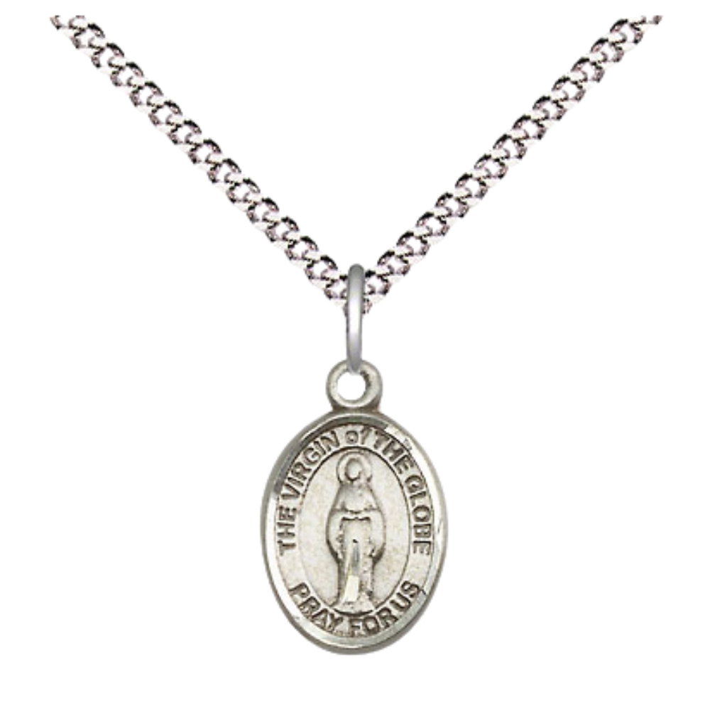 Small Sized Women's .925 Sterling Silver Virgin of the Globe Medal Pendant on 18 Inch Rhodium Plated Lite Curb Brass Chain with Lobster Claw Clasp, Catholic Religious Necklace - Made in USA- Velvet Gift Box