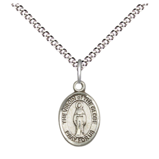 Small Sized Women's Pewter Virgin of the Globe Medal Pendant on 18 Inch Rhodium Plated Lite Curb Brass Chain with Lobster Claw Clasp, Catholic Religious Necklace - Made in USA- Velvet Gift Box