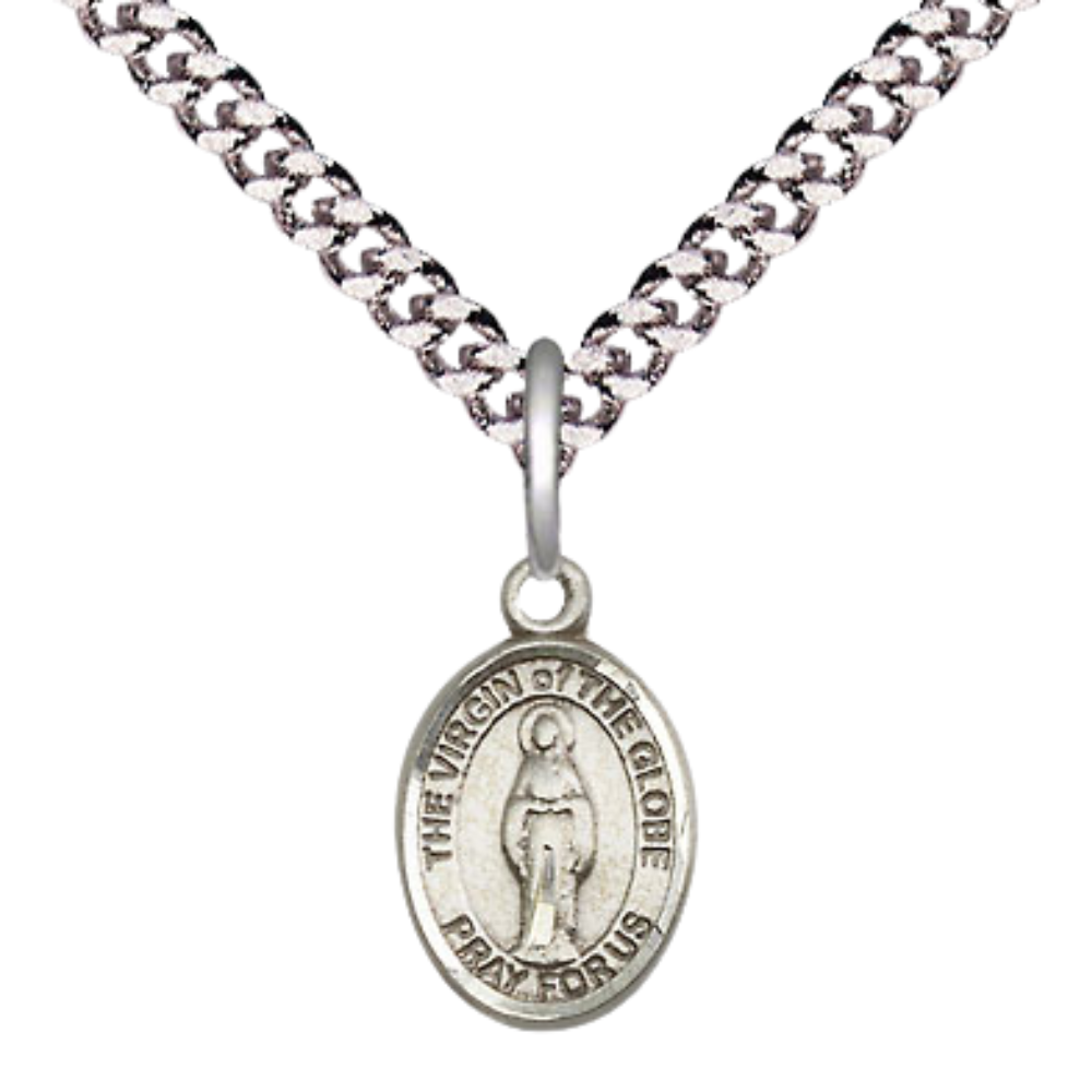 Small Sized Men's .925 Sterling Silver Virgin of the Globe Medal Pendant on 24 Inch Endless Rhodium Plated Heavy Curb Brass Chain, Catholic Religious Necklace - Made in USA- Deluxe Velvet Gift Box