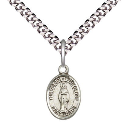 Small Sized Men's Pewter Virgin of the Globe Medal Pendant on 24 Inch Endless Rhodium Plated Heavy Curb Brass Chain, Catholic Religious Necklace - Made in USA- Deluxe Velvet Gift Box