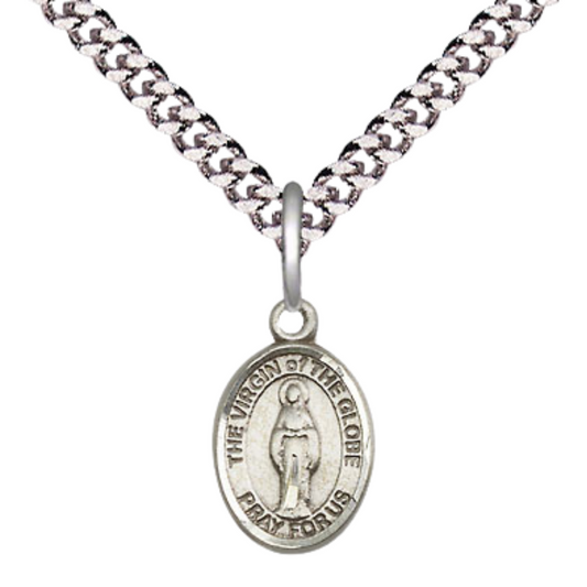 Small Sized Men's .925 Sterling Silver Virgin of the Globe Medal Pendant on 24 Inch Endless Rhodium Plated Heavy Curb Brass Chain, Catholic Religious Necklace - Made in USA- Deluxe Velvet Gift Box