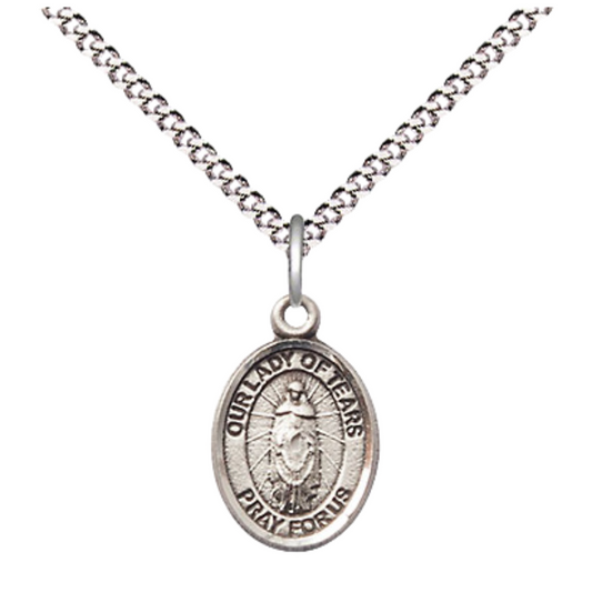 Small Sized Women's Pewter Our Lady of Tears Medal Pendant on 18 Inch Rhodium Plated Lite Curb Brass Chain with Lobster Claw Clasp, Catholic Religious Necklace - Made in USA- Velvet Gift Box