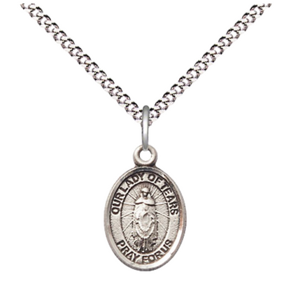 Small Sized Women's .925 Sterling Silver Our Lady of Tears Medal Pendant on 18 Inch Rhodium Plated Lite Curb Brass Chain with Lobster Claw Clasp, Catholic Religious Necklace - Made in USA- Velvet Gift Box