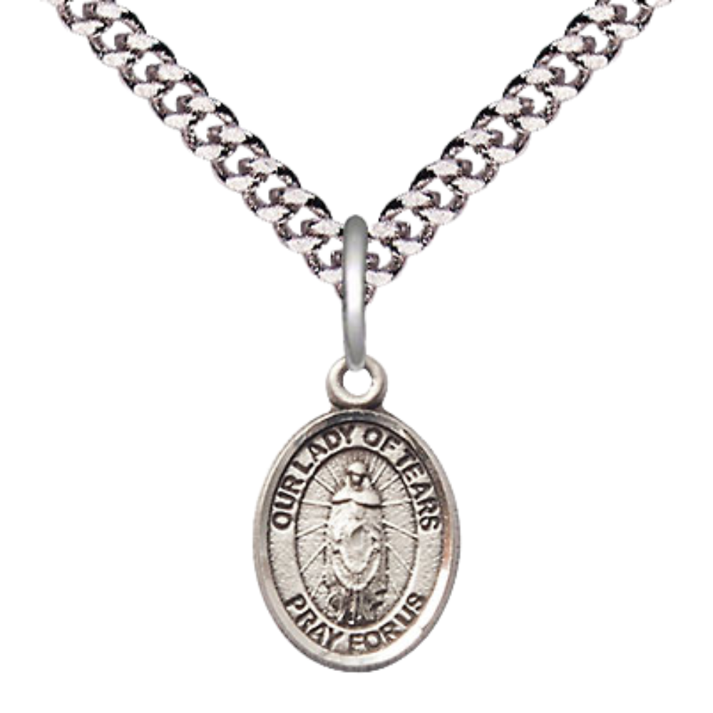 Small Sized Men's .925 Sterling Silver Our Lady of Tears Medal Pendant on 24 Inch Endless Rhodium Plated Heavy Curb Brass Chain, Catholic Religious Necklace - Made in USA- Deluxe Velvet Gift Box