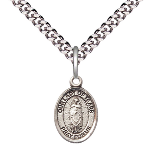Small Sized Men's Pewter Our Lady of Tears Medal Pendant on 24 Inch Endless Rhodium Plated Heavy Curb Brass Chain, Catholic Religious Necklace - Made in USA- Deluxe Velvet Gift Box