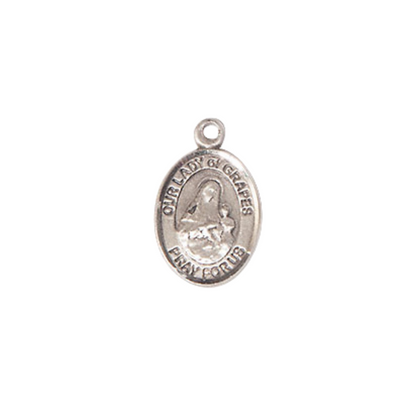 Small Sized Women's Pewter Our Lady of Grapes Medal Pendant on 18 Inch Rhodium Plated Lite Curb Brass Chain with Lobster Claw Clasp, Catholic Religious Necklace - Made in USA- Velvet Gift Box