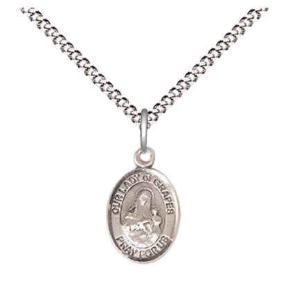 Small Sized Women's Pewter Our Lady of Grapes Medal Pendant on 18 Inch Rhodium Plated Lite Curb Brass Chain with Lobster Claw Clasp, Catholic Religious Necklace - Made in USA- Velvet Gift Box