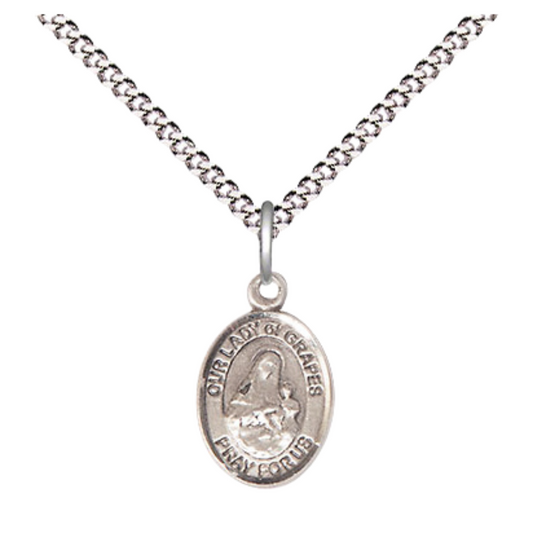 Small Sized Women's Pewter Our Lady of Grapes Medal Pendant on 18 Inch Rhodium Plated Lite Curb Brass Chain with Lobster Claw Clasp, Catholic Religious Necklace - Made in USA- Velvet Gift Box