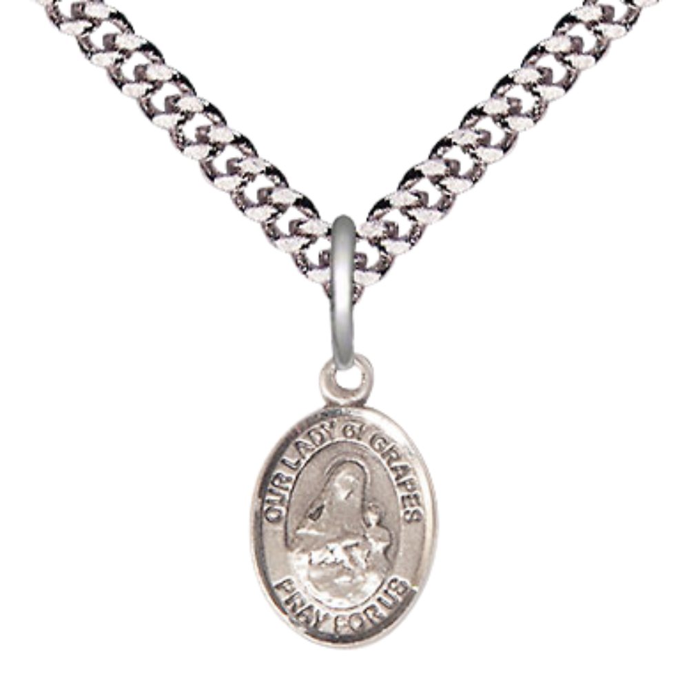 Small Sized Men's Pewter Our Lady of Grapes Medal Pendant on 24 Inch Endless Rhodium Plated Heavy Curb Brass Chain, Catholic Religious Necklace - Made in USA- Deluxe Velvet Gift Box