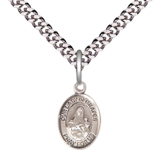 Small Sized Men's Pewter Our Lady of Grapes Medal Pendant on 24 Inch Endless Rhodium Plated Heavy Curb Brass Chain, Catholic Religious Necklace - Made in USA- Deluxe Velvet Gift Box