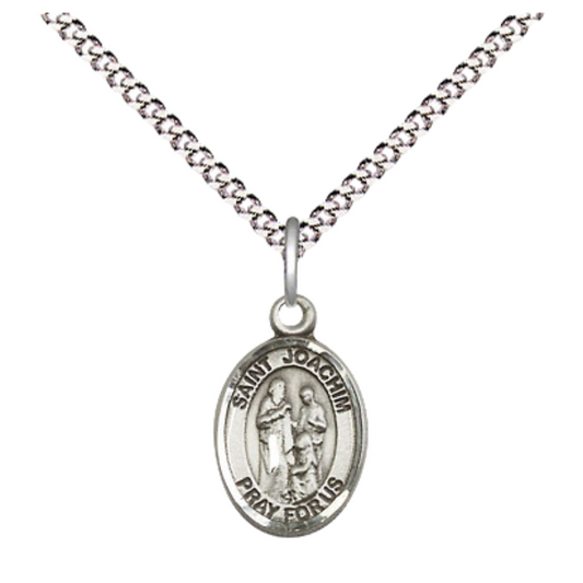 Small Sized Women's Pewter Saint Joachim Medal Pendant on 18 Inch Rhodium Plated Lite Curb Brass Chain with Lobster Claw Clasp, Catholic Religious Necklace - Made in USA- Velvet Gift Box