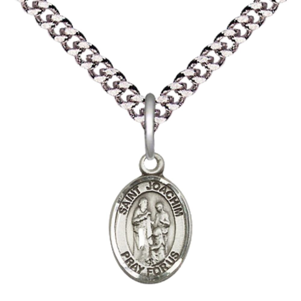 Small Sized Men's Pewter Saint St. Joachim Medal Pendant on 24 Inch Endless Rhodium Plated Heavy Curb Brass Chain, Catholic Religious Necklace - Made in USA- Deluxe Velvet Gift Box