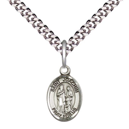 Small Sized Men's Pewter Saint St. Joachim Medal Pendant on 24 Inch Endless Rhodium Plated Heavy Curb Brass Chain, Catholic Religious Necklace - Made in USA- Deluxe Velvet Gift Box