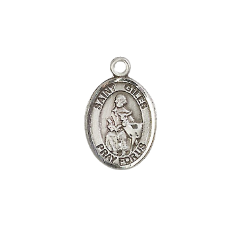 Small Sized Women's Pewter Saint Giles Medal Pendant on 18 Inch Rhodium Plated Lite Curb Brass Chain with Lobster Claw Clasp, Catholic Religious Necklace - Made in USA- Velvet Gift Box
